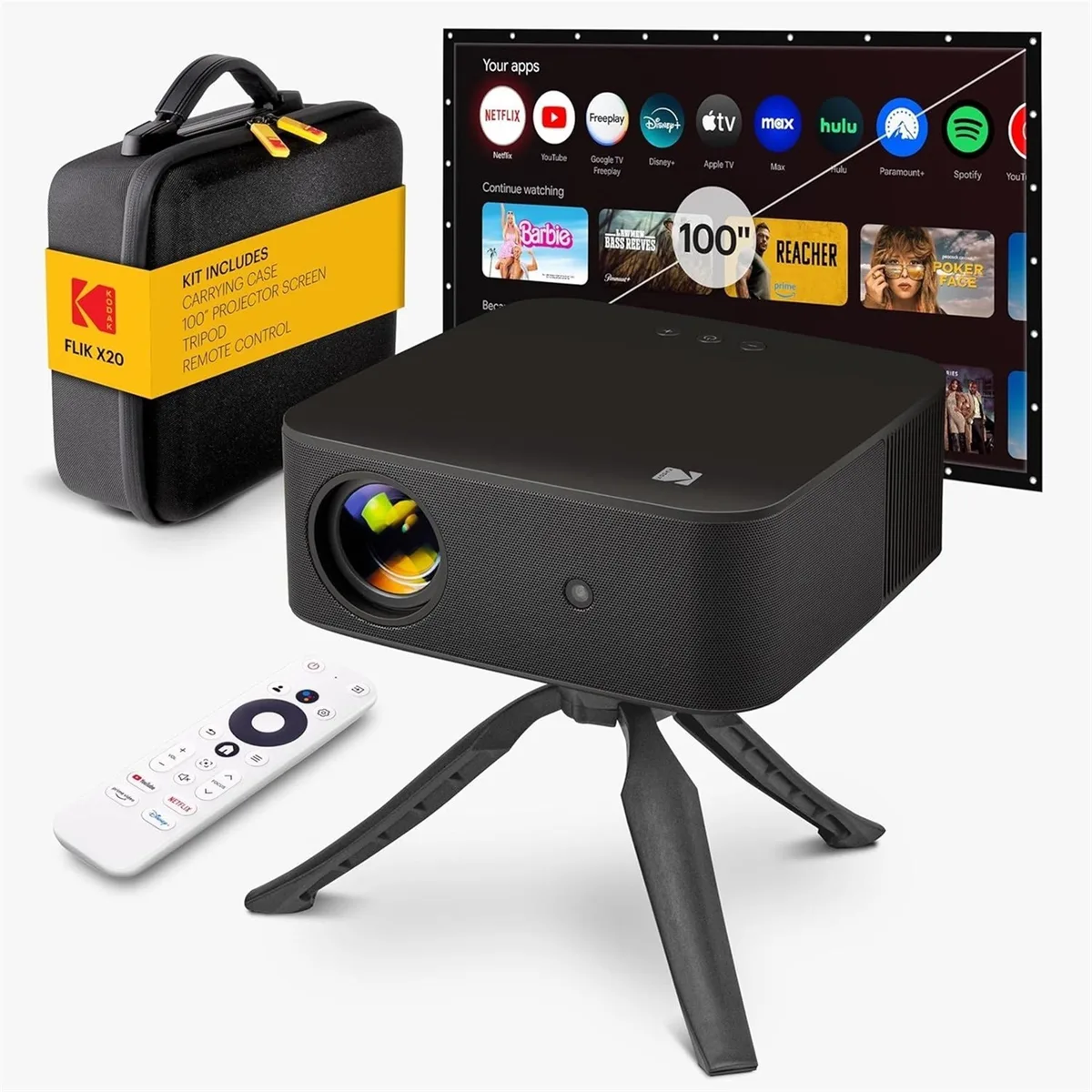 Kodak Kodak FLIK X20 Full HD Smart Projector Kit 100" Screen Tripod Remote EVA Case Black — product photo