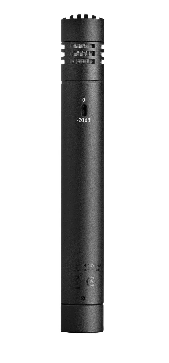 Black cylindrical small-diaphragm condenser microphone with XLR connector and stand adapter