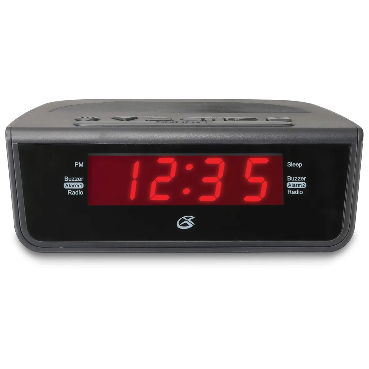  GPX C224B Dual Alarm AM/FM Radio Red LED Display Black — product photo