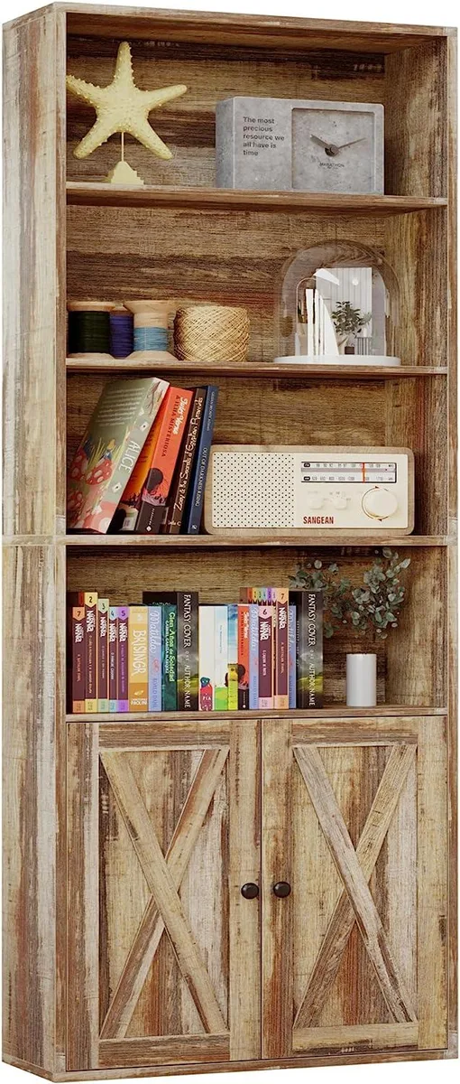 Tall brown industrial bookshelf with six open shelves, metal frame and wood panels