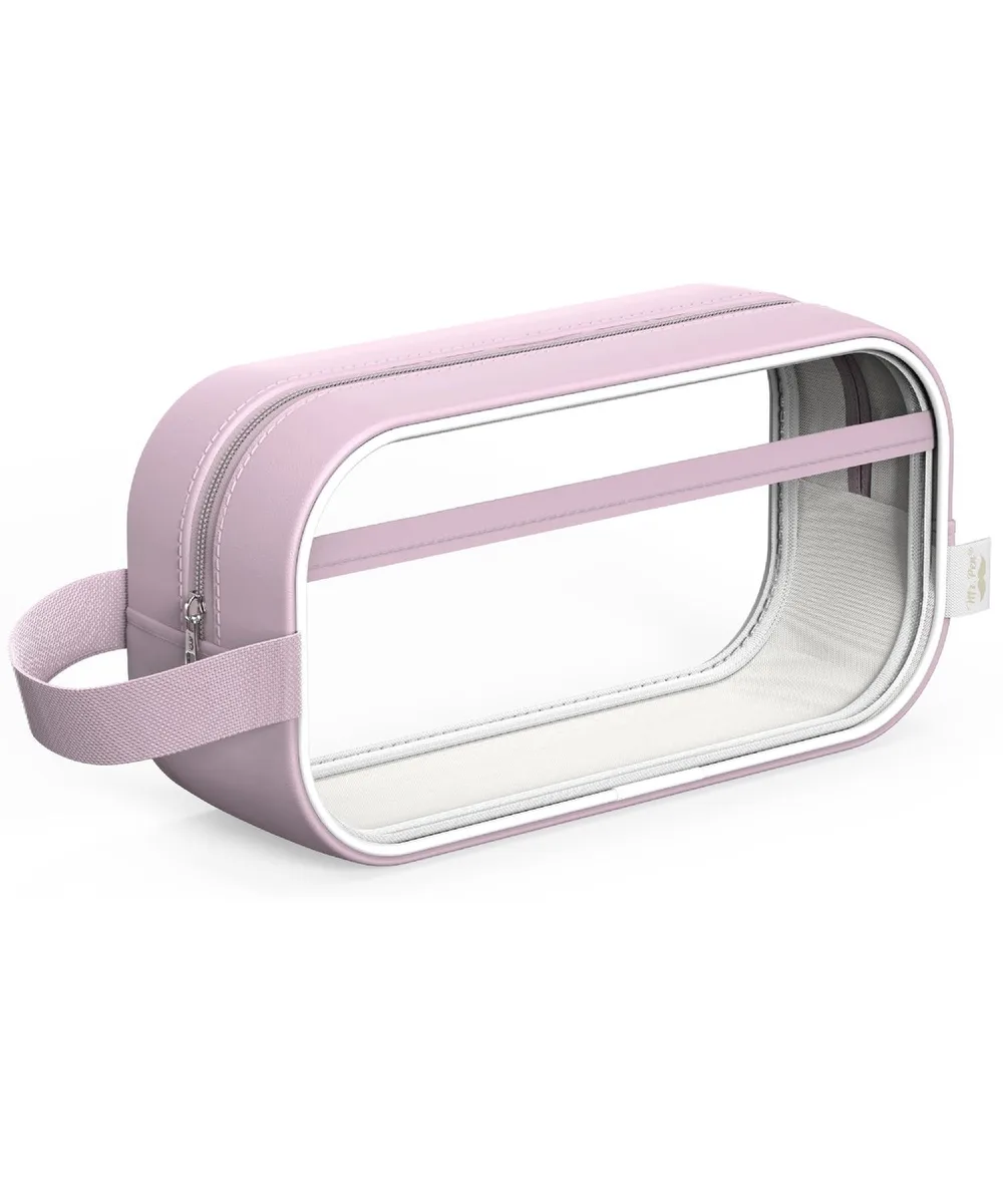 Clear pink plastic pencil pouch with zipper and carry handle