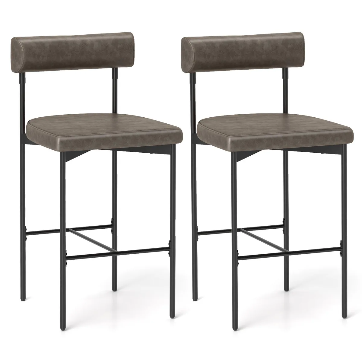 Two grey upholstered barstools with backrests and footrests on metal frames