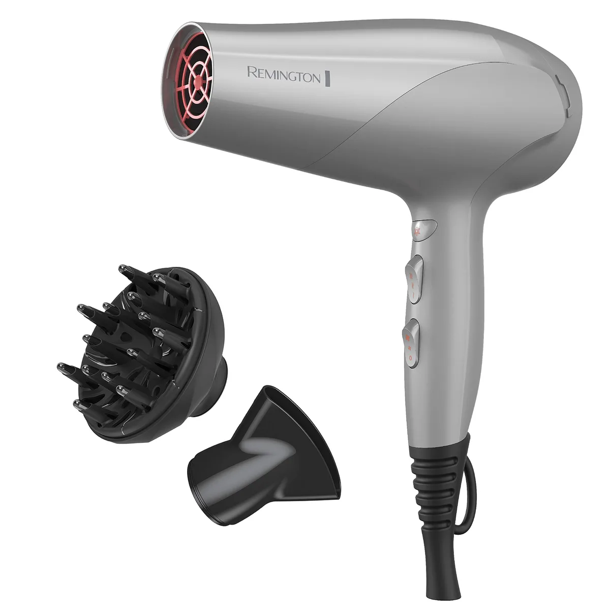 Grey hair dryer with diffuser and concentrator attachments, matte finish, compact cylindrical body