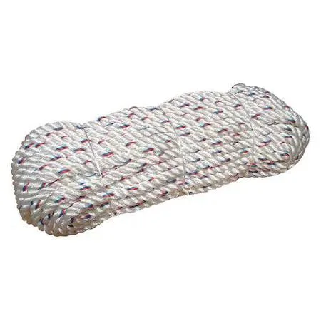 Coiled 5/8 inch polyester rope hank, 150 ft length, twisted three strand construction, plain ends