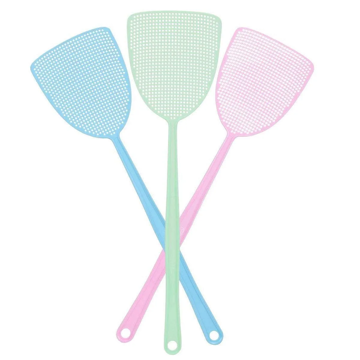 Three plastic fly swatters, assorted colours, 17.5 inch handles, hanging hooks