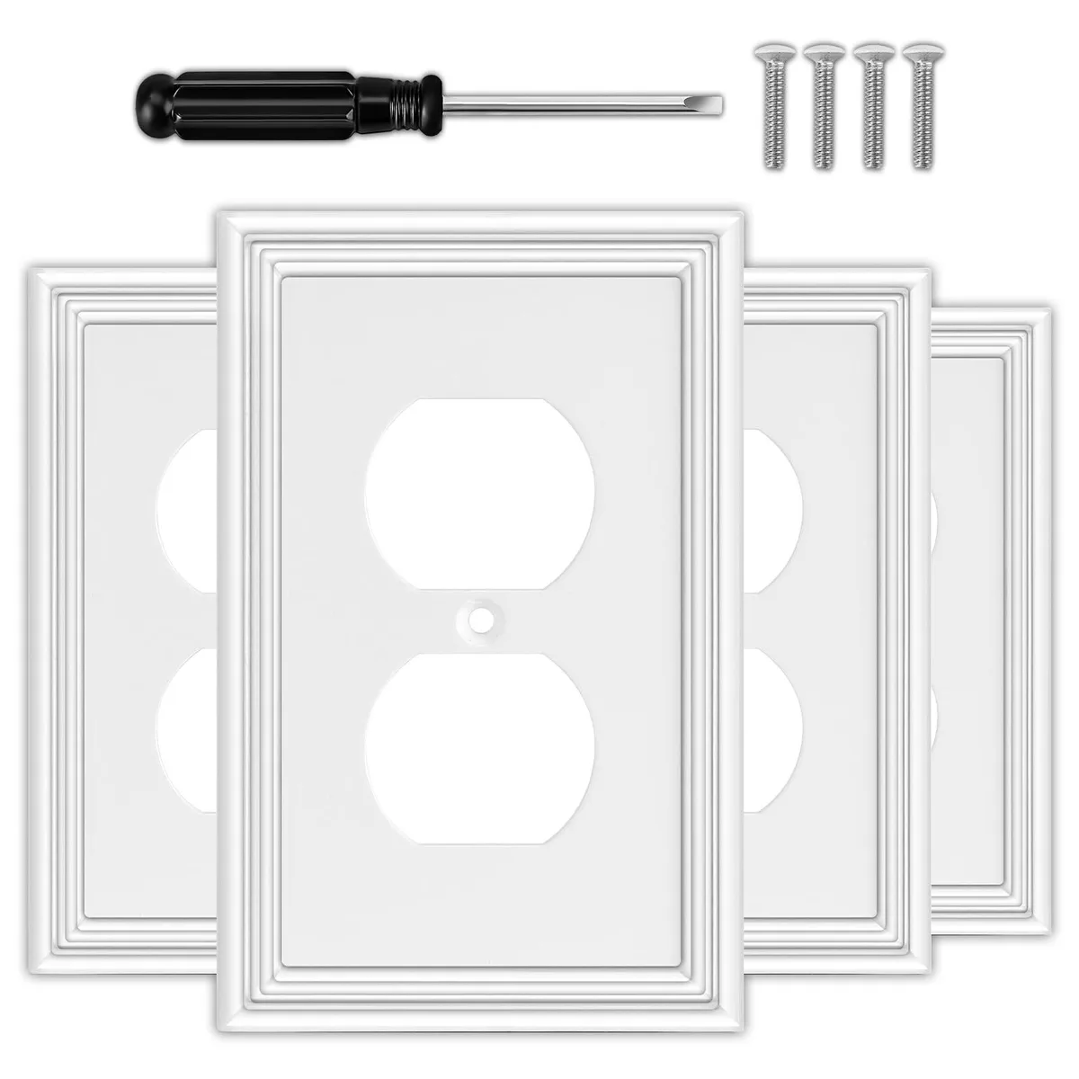 Four white matte rectangular duplex outlet covers with screws and screwdriver