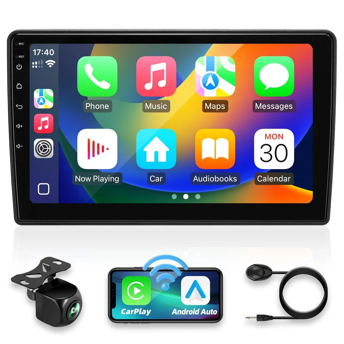 Black rectangular 10-inch touchscreen car stereo unit with glossy black bezel and mounting brackets visible
