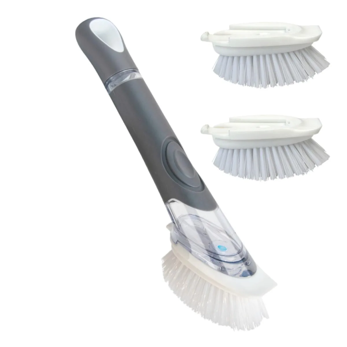White handled dish wand with clear soap reservoir and three replacement brush heads