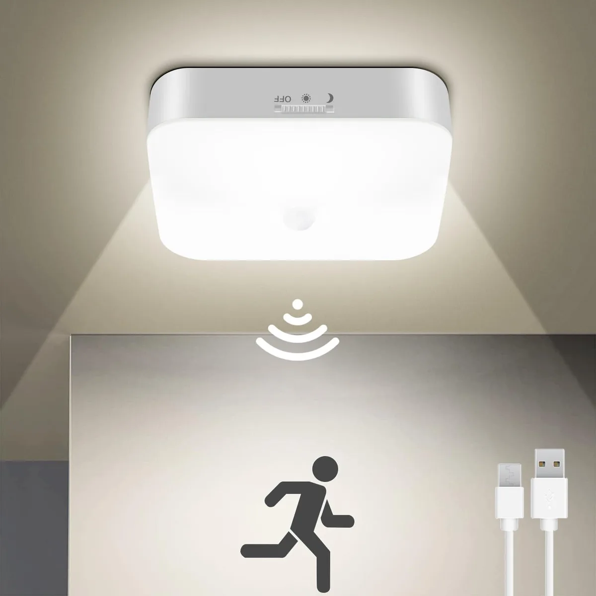 Square white plastic ceiling light with frosted LED lens and USB charging port