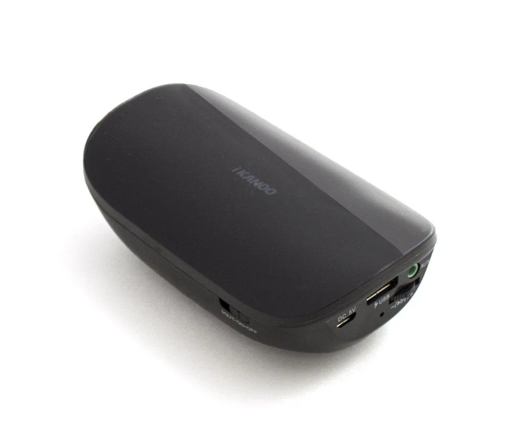 Black rectangular Bluetooth speaker with power bank, 4.72 by 2.56 by 1.50 inches