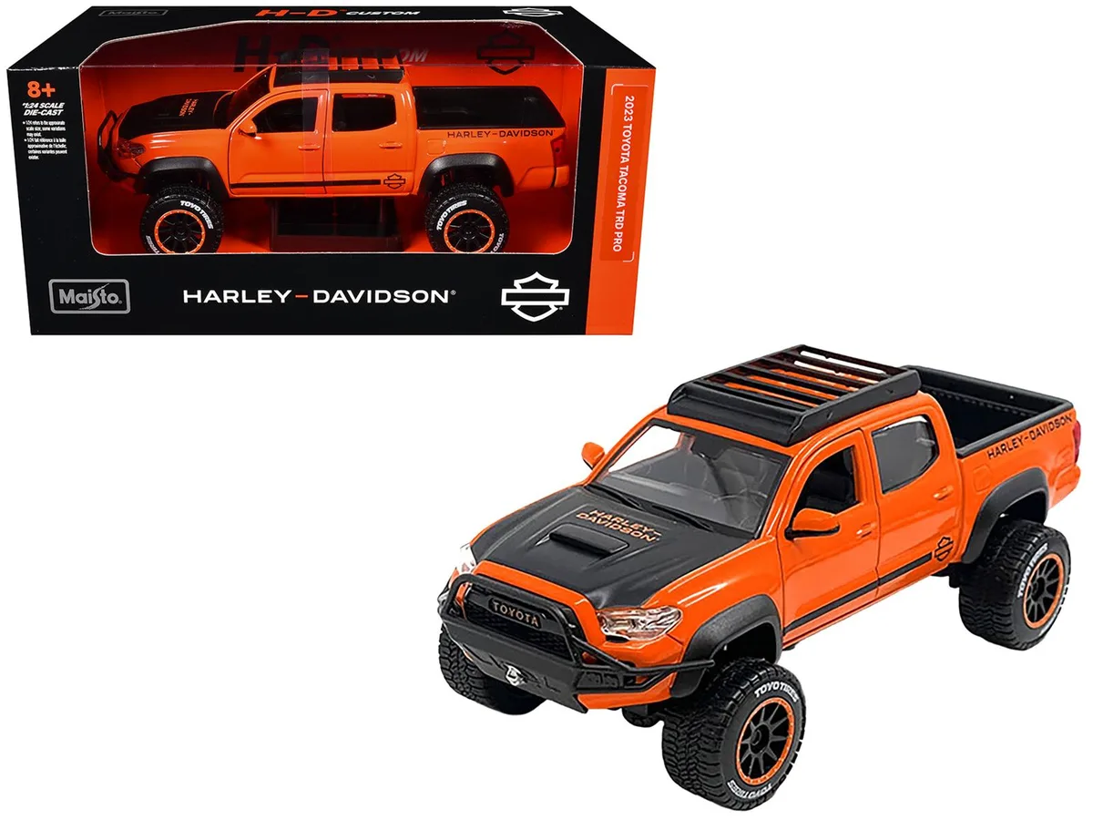 Maisto Maisto 2023 Toyota Tacoma TRD Pro "Harley Davidson" Orange Black Roof Rack 1/24 hobby collectible — product photo
