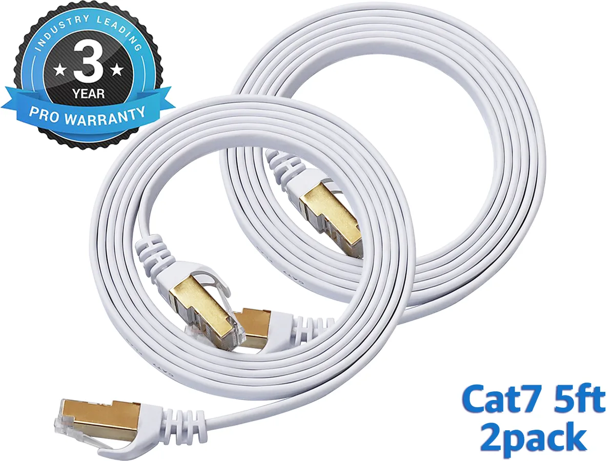 DEFACE DEFACE Cat 7 Ethernet Cable 5 ft 2 pack White Flat Shielded 10 Gigabit RJ45 — product photo