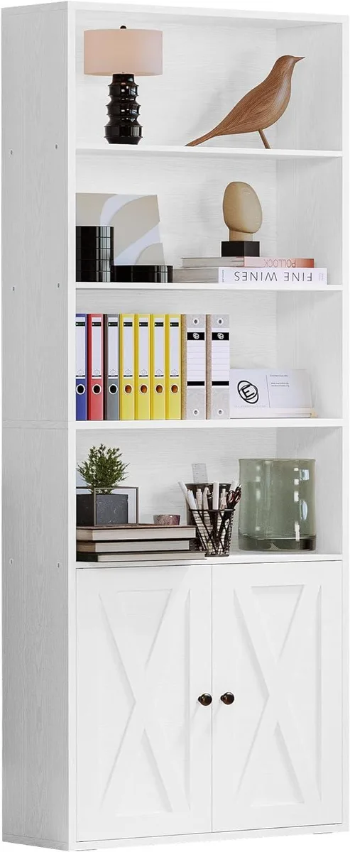 Tall white six-shelf bookcase with metal frame and wood shelves
