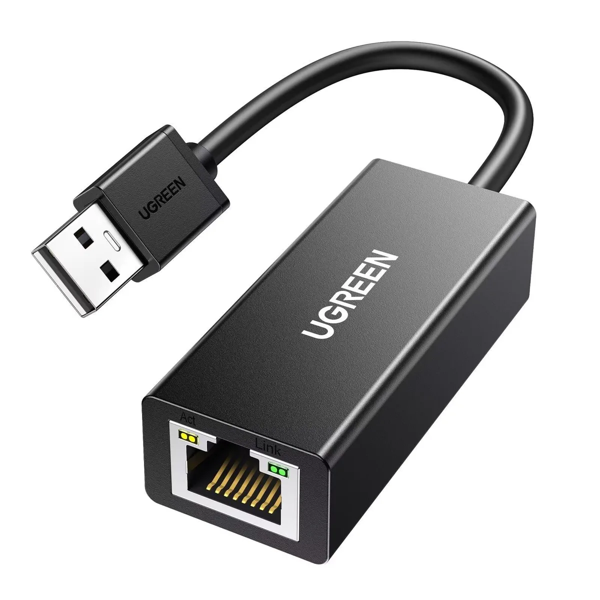 Black USB-A dongle with RJ45 port, compact 2.4 x .9 x .6 inch form factor