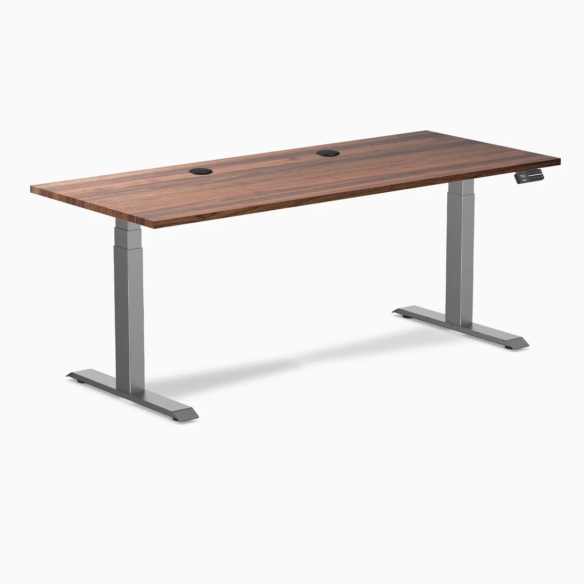 Desky Desky Dual Hardwood Sit Stand Desk Walnut 72 x 30 in Grommets Space Grey office furniture — product photo