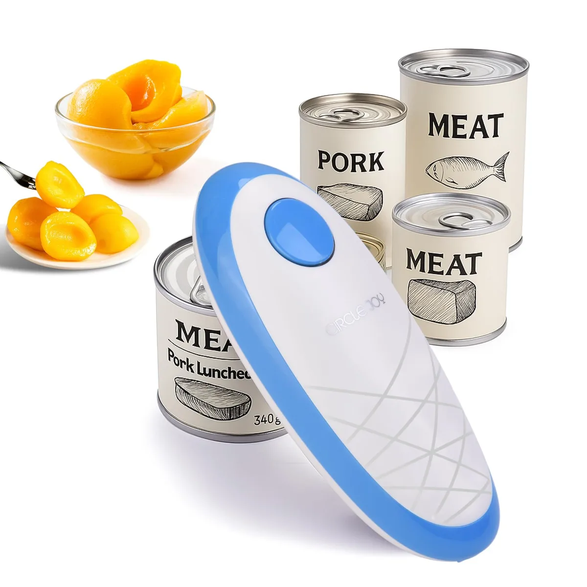 Blue handheld automatic can opener, smooth matte finish, compact rounded shape