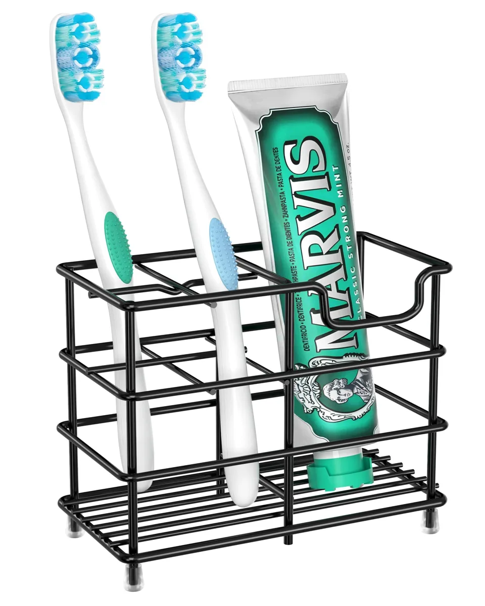 Black stainless steel toothbrush holder with five slots, compact rectangular shape, matte finish