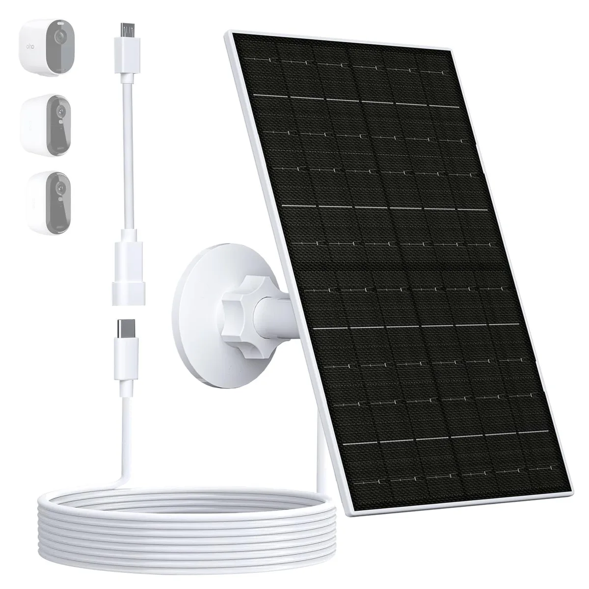 White rectangular solar panel with rounded corners, 360° adjustable mount and 7.2ft cable