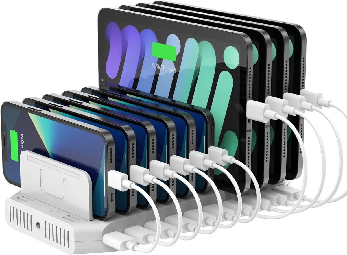 Rectangular white charging dock with ten USB ports and adjustable dividers for tablets