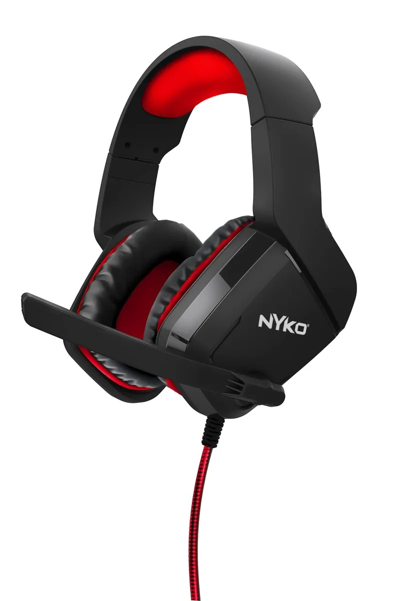 Black and red wired on-ear headset with adjustable microphone and in-line controls