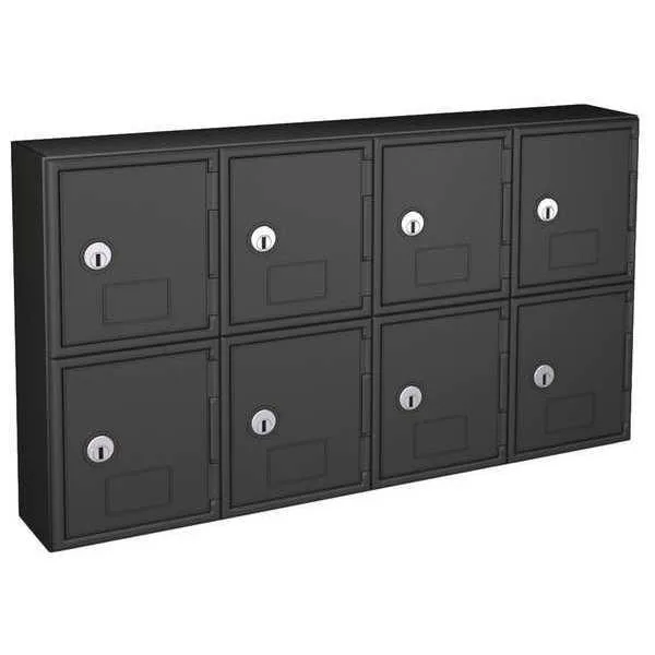 Black ABS plastic cell phone locker, 24 inches wide, two tiers four columns, matte finish, key locks