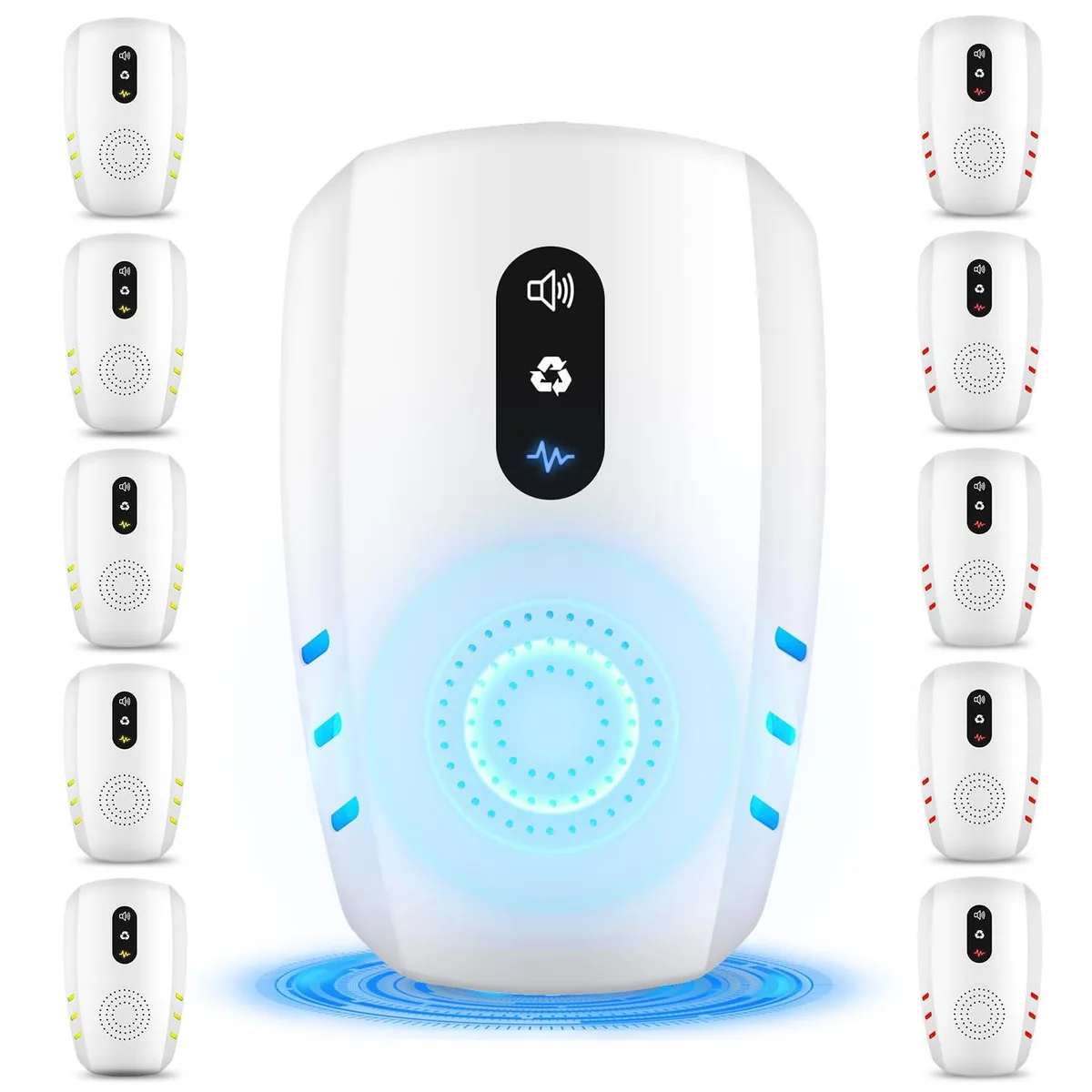 Ten white rectangular plug-in pest repellers with mode indicator lights