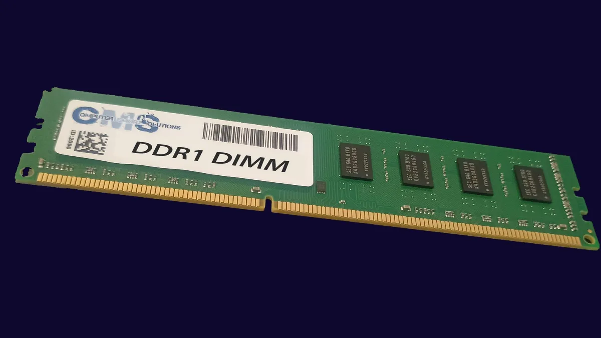 Green rectangular 168-pin DIMM module with 16 black memory chips on both sides