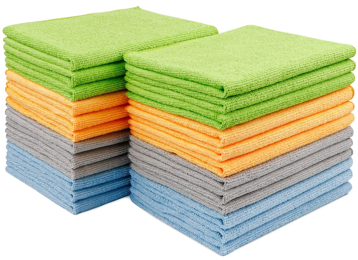 Stack of 24 microfiber cloths in assorted colours, each 12 by 16 inches