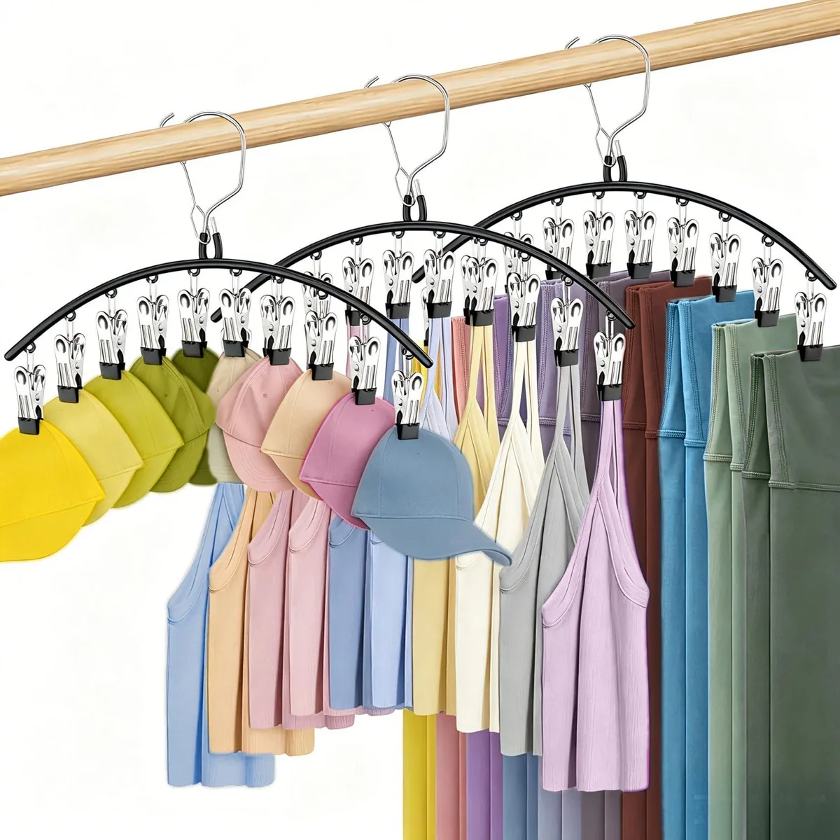 Three black metal hangers with ten clips each, rubber-coated edges, compact rectangular shape