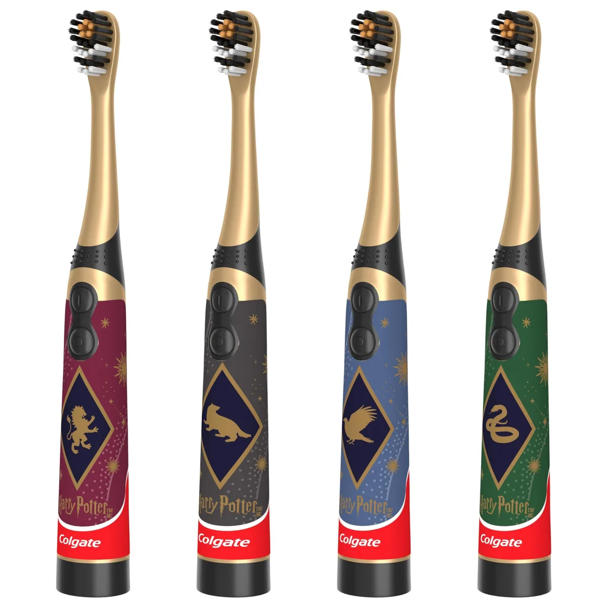 Four multicoloured Harry Potter battery toothbrushes with extra-soft bristles, flat handles, AA batteries included