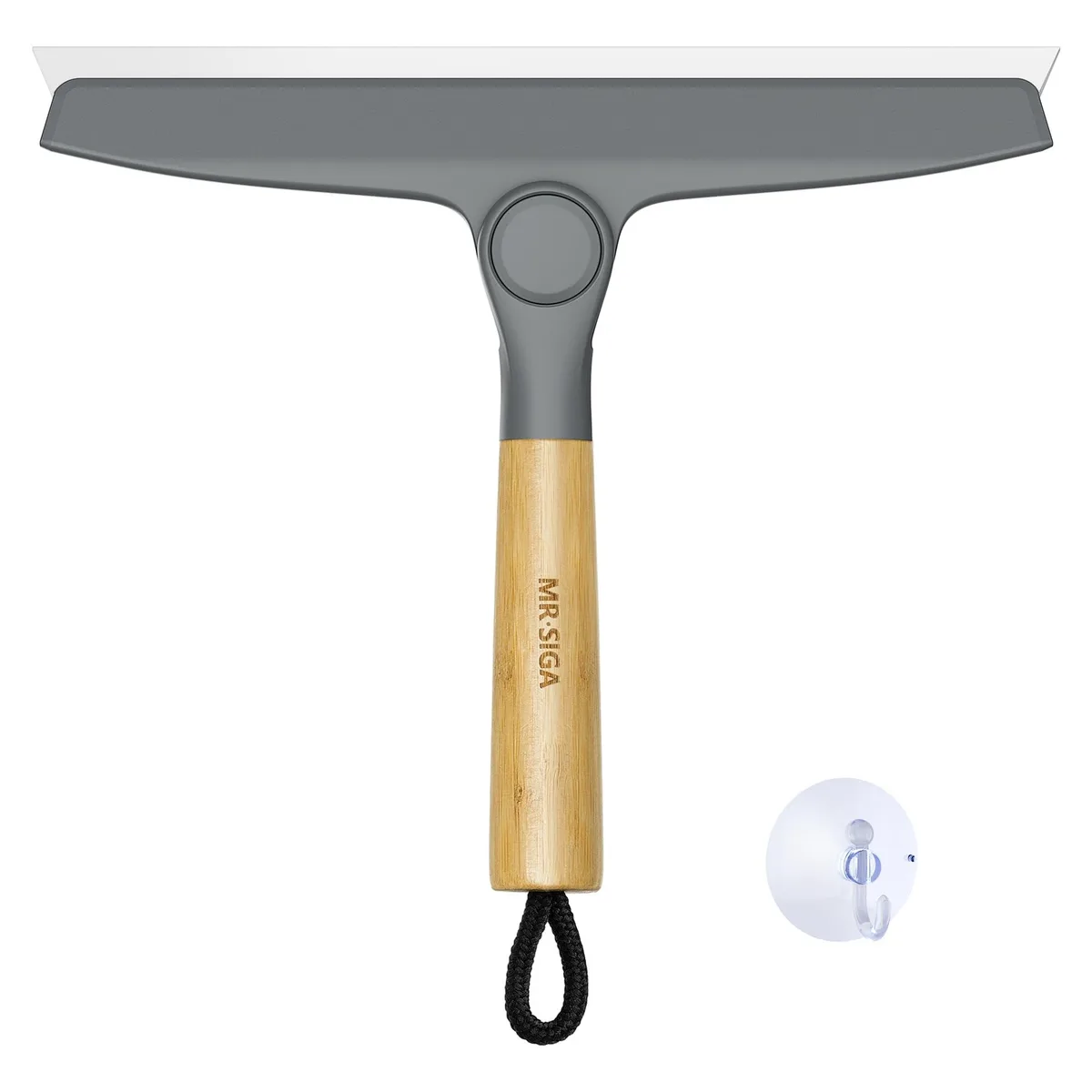 Grey 10-inch silicone squeegee with pivoting bamboo handle and suction hook