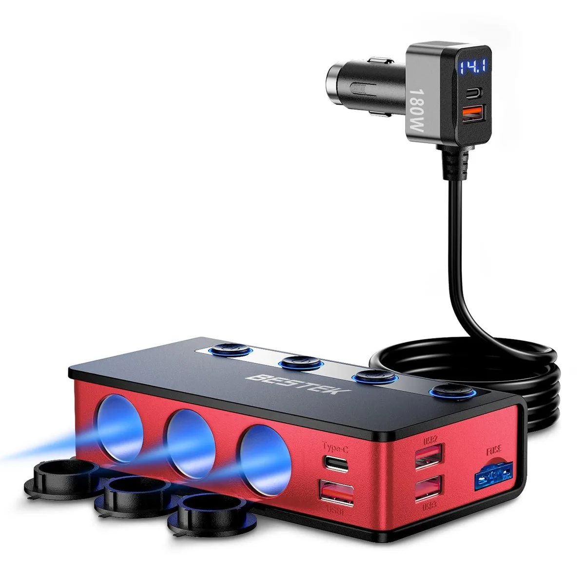  BESTEK TR-51 9-in-1 Cigarette Lighter Splitter 180W PD65W QC3.0 Red — product photo