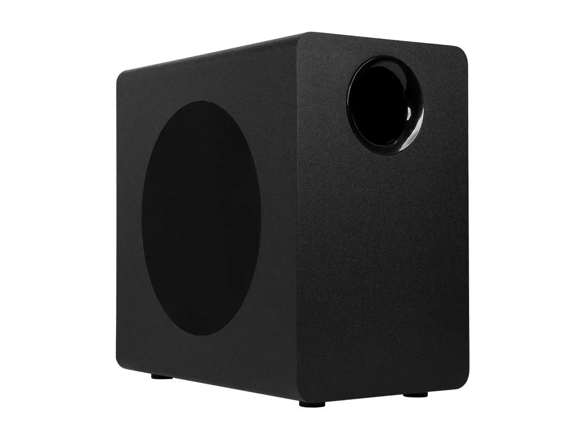 Black compact cube subwoofer with 10 inch driver visible