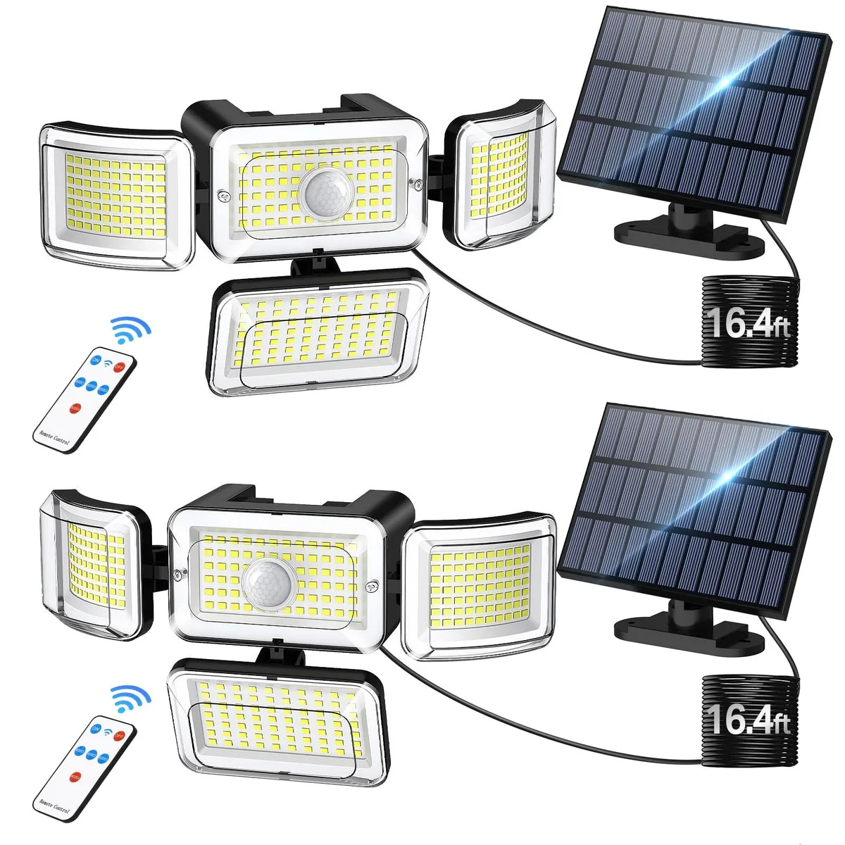 Two white rectangular solar flood lights with four adjustable heads each, separate solar panels, and 16.4ft connecting cables