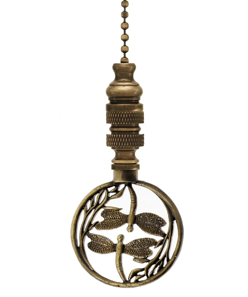 Antique brass double dragonfly fan pull, 2.8 by 1.75 inches with 12 inch beaded chain