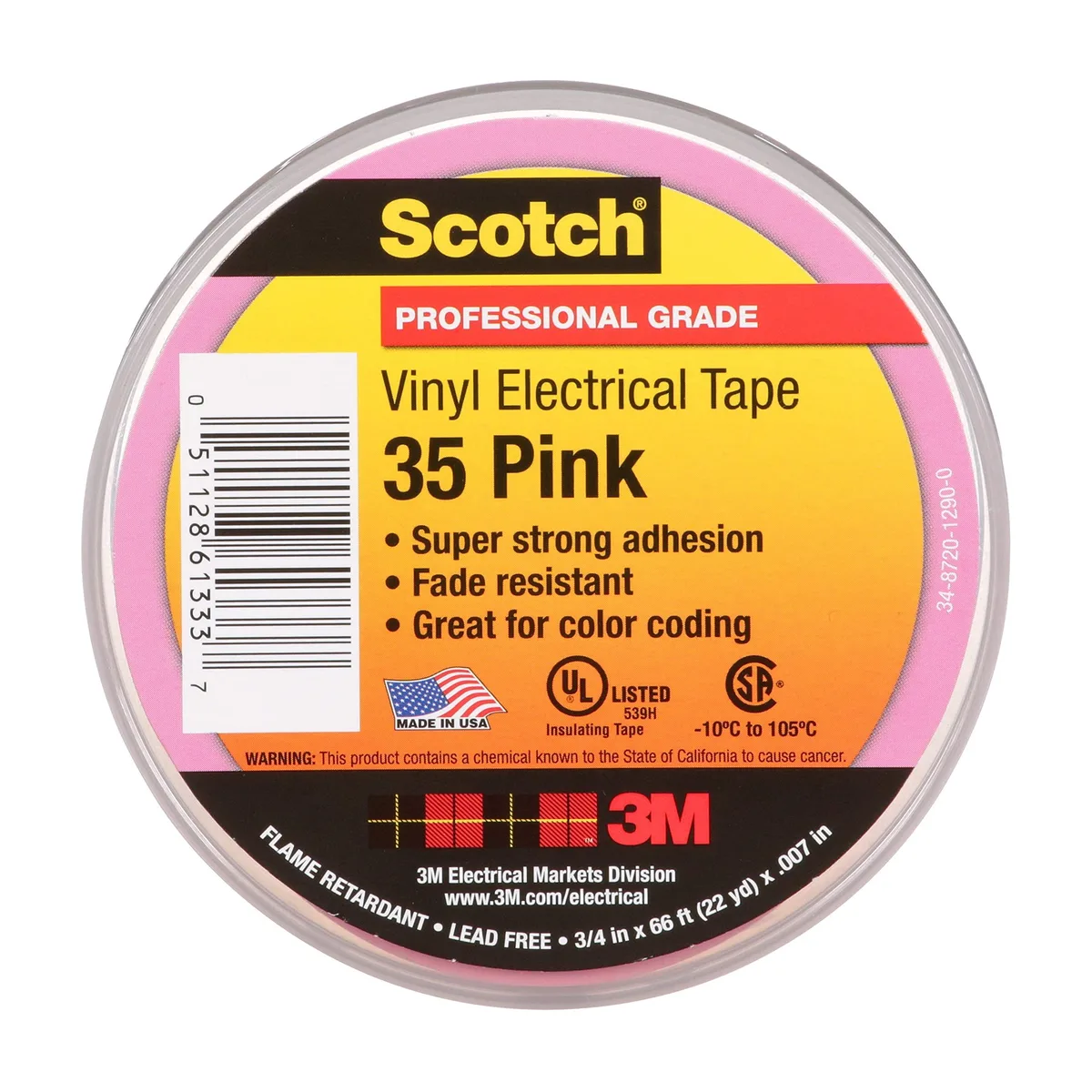 Scotch 35-3/4X66FT-PK Vinyl Electrical Tape Pink 3/4 in x 66 ft — product photo