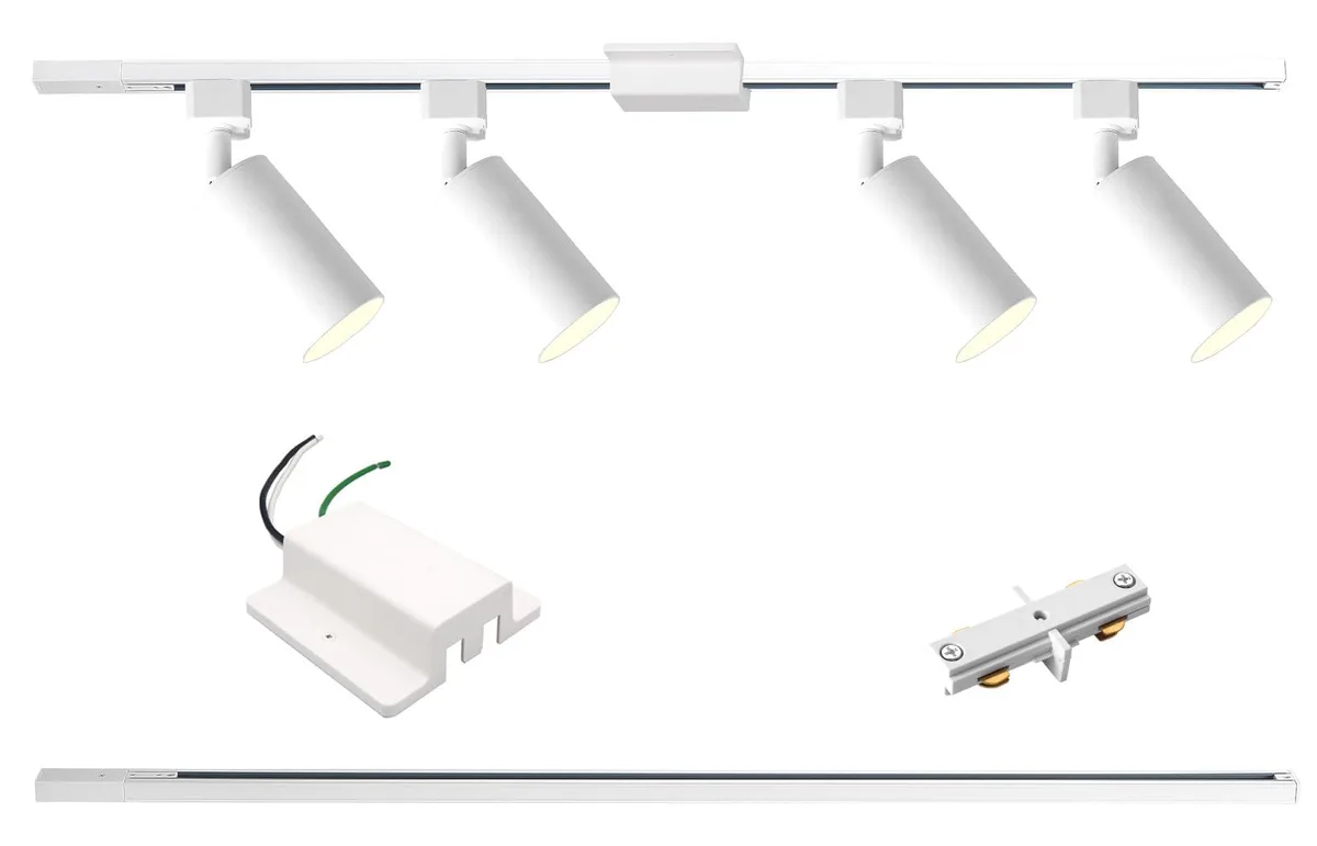 White four-light track kit with 3.3ft rails and adjustable heads