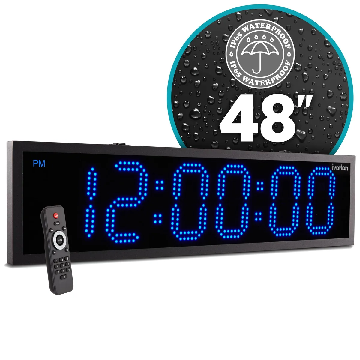 Blue waterproof digital clock, 47.25 inches wide, large LED digits, wall or chain mount