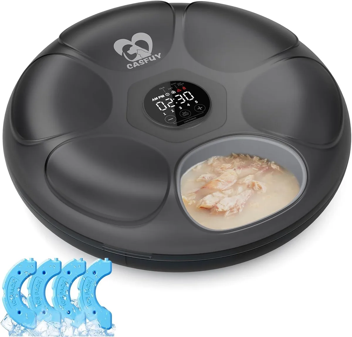 White round automatic pet feeder with six compartments and four ice packs on top