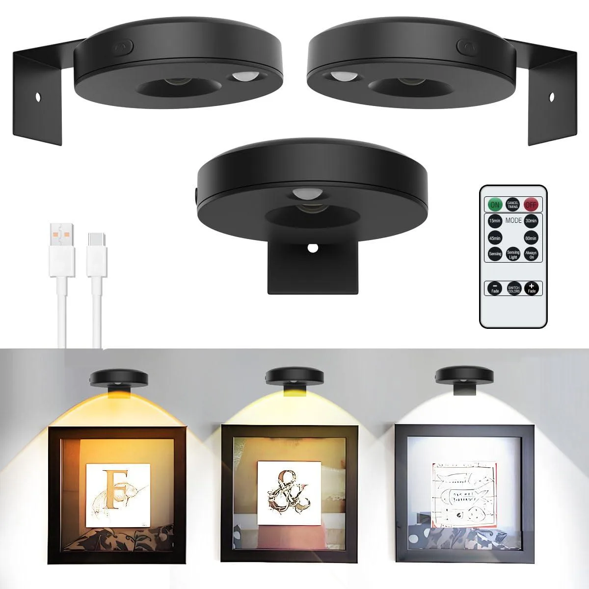 Three white acrylic picture lights with clear prismatic glass, magnetic mounting and remote control