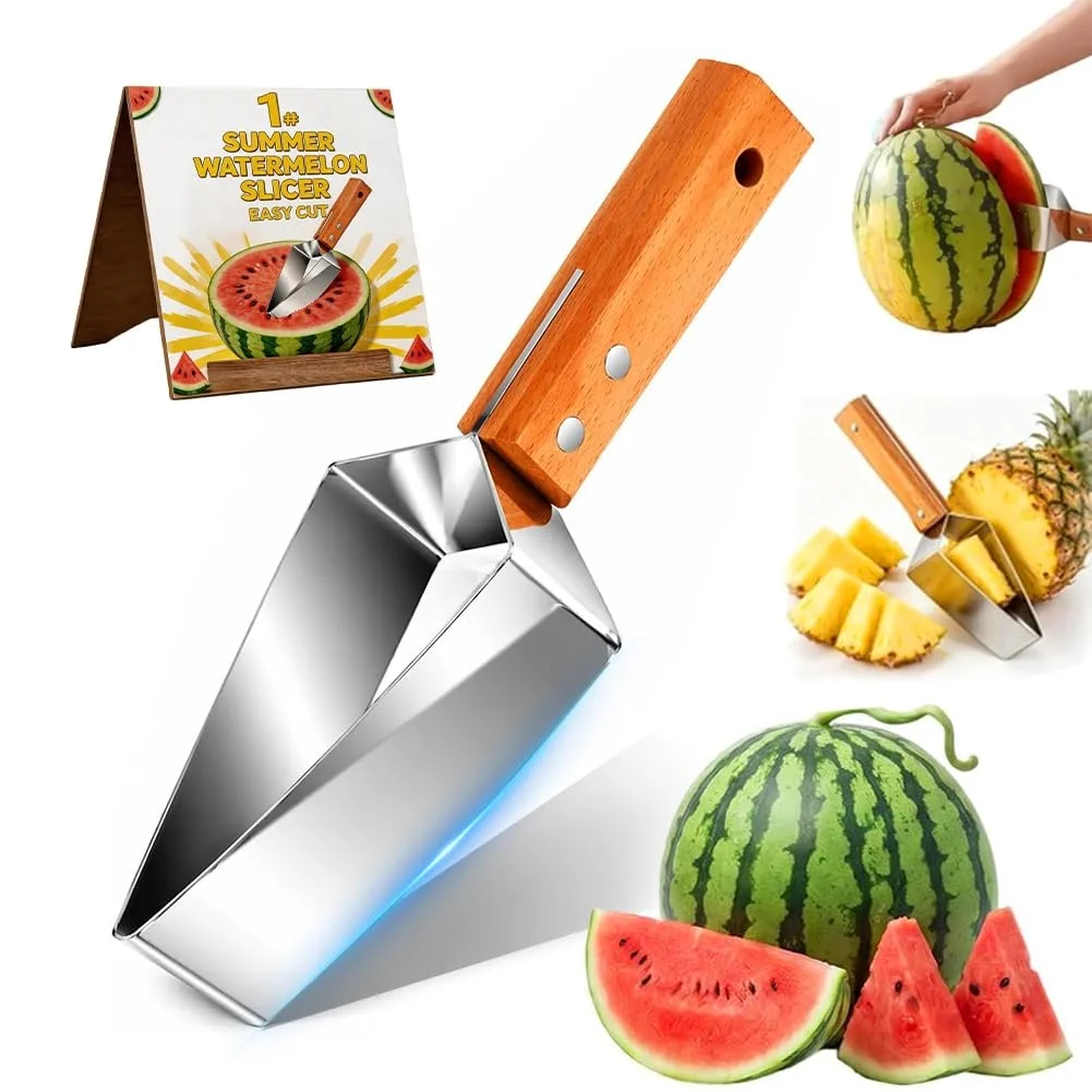 Stainless steel triangular watermelon slicer with wooden handle