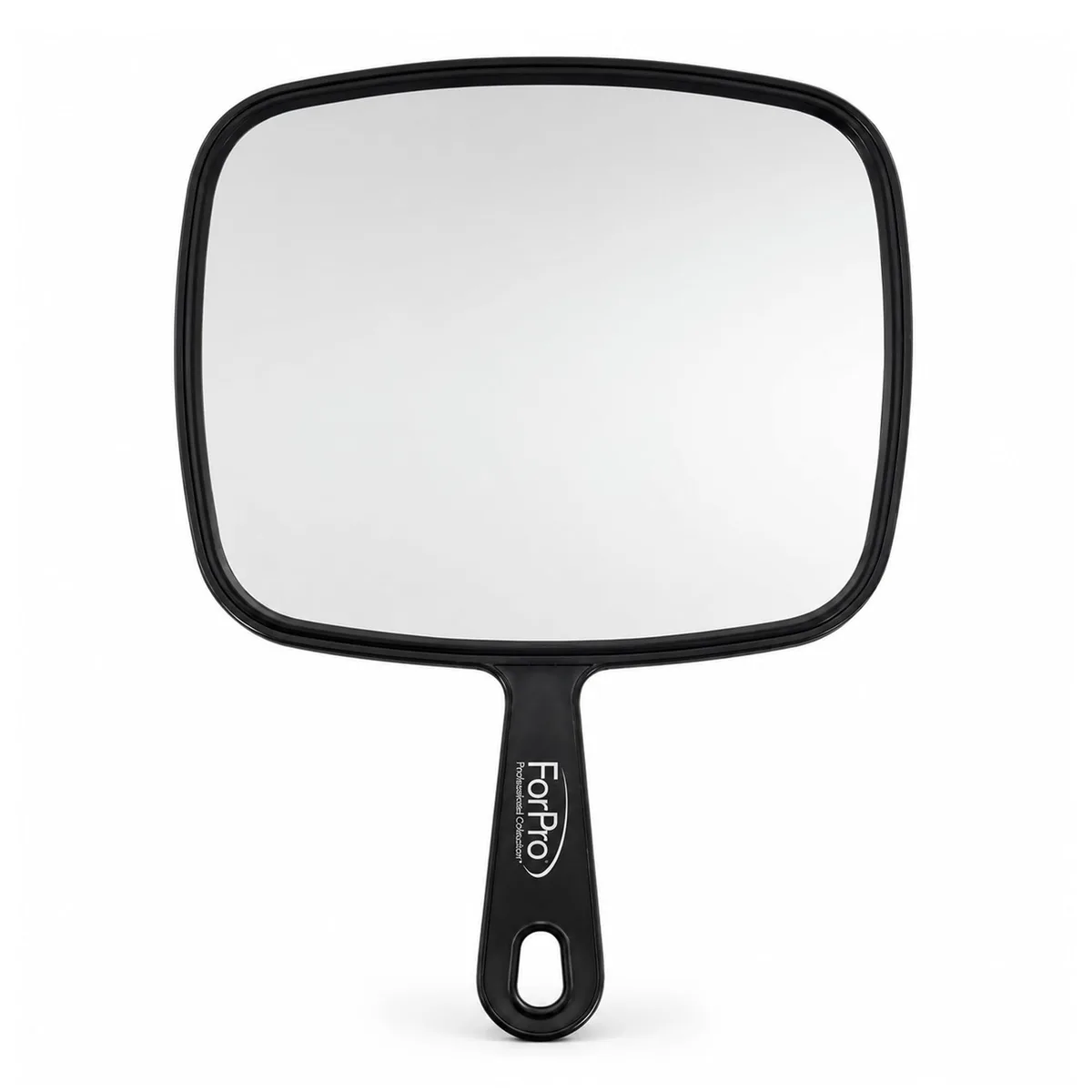 Large square hand mirror in a solid black plastic frame with long handle and hang hole