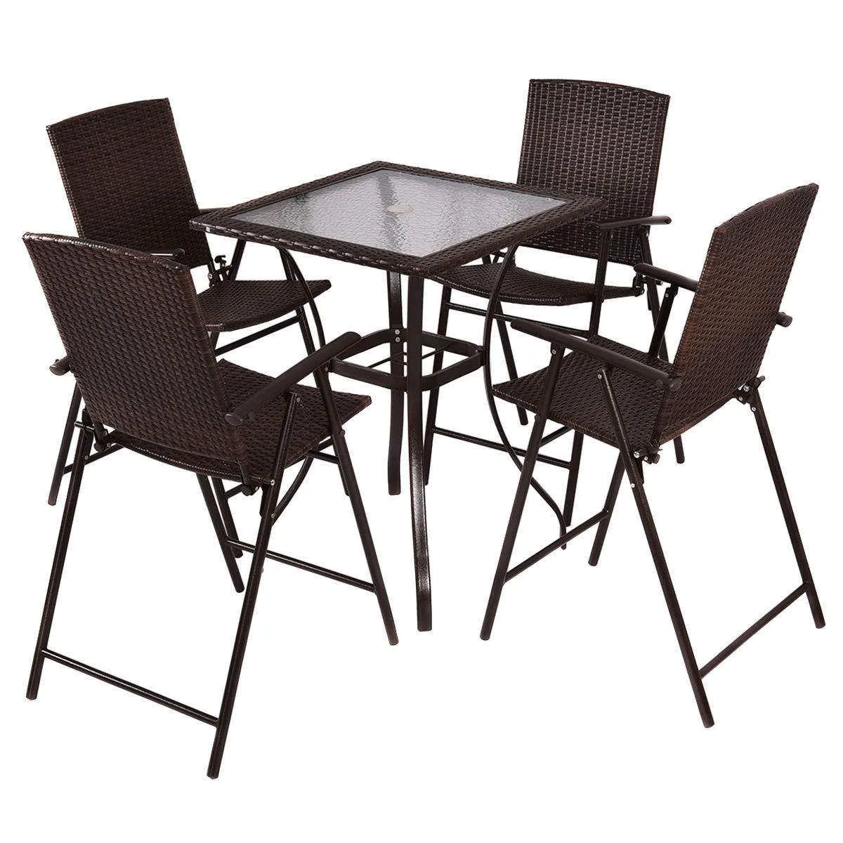 Costway Costway 5PC Rattan Patio Set 4 Folding Bar Stools Glass Table — product photo