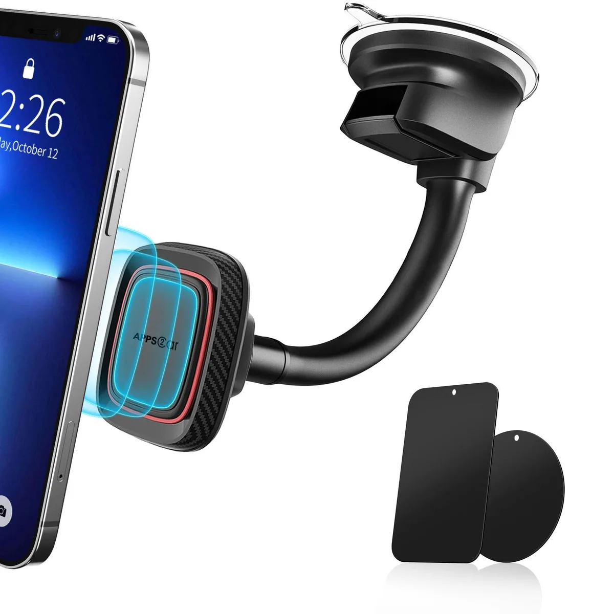  APPS2Car M02Pro+-S3 Magnetic Phone Mount Black-Red 6 Magnets Suction Cup — product photo