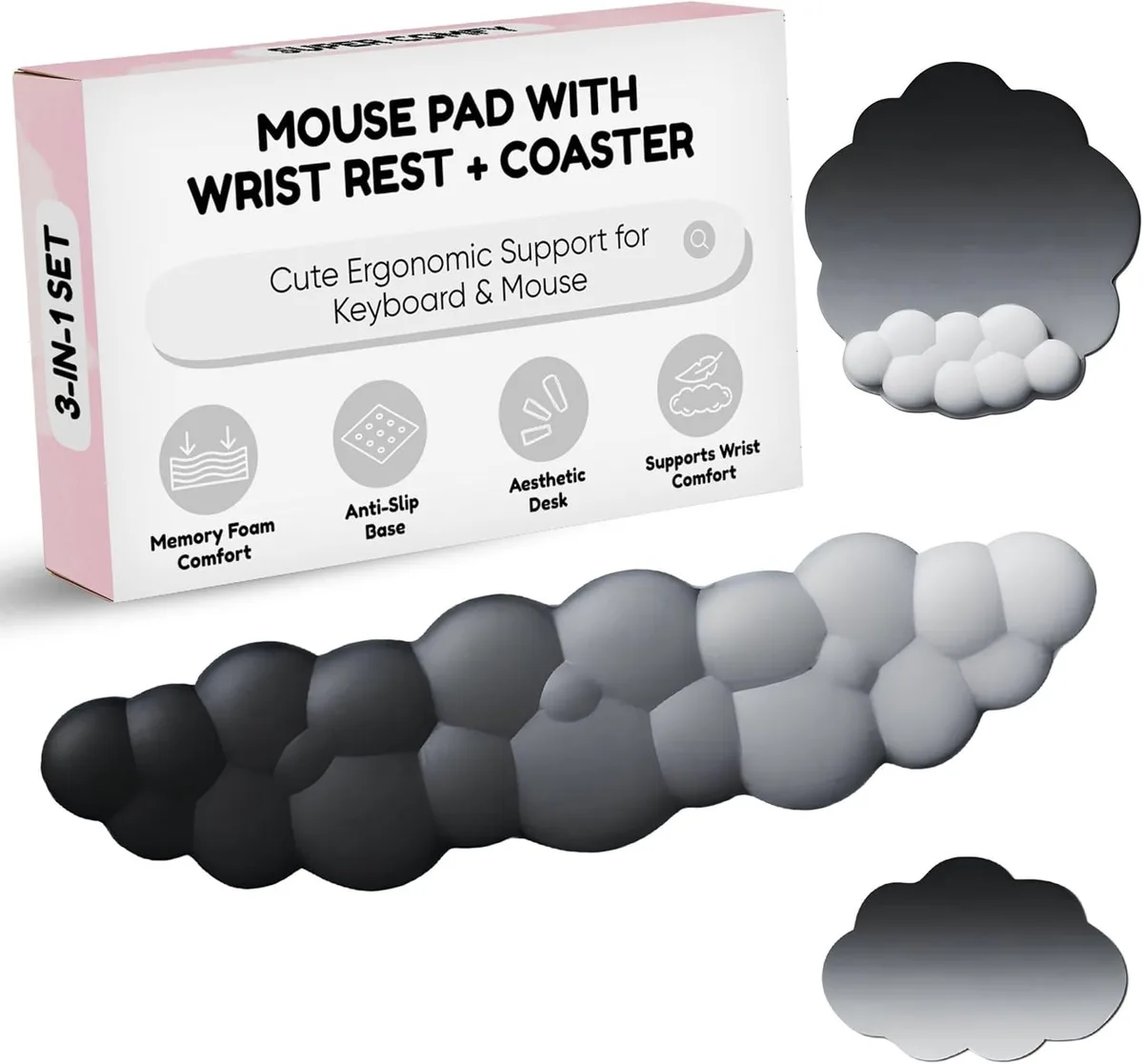 Kenuco Kenuco Cloud Wrist Rest Set Black Gradient 17×43 Keyboard 10×91 Mouse Pad — product photo