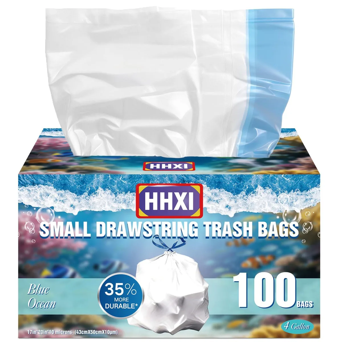 Blue polyethylene drawstring trash bags in a dispensing box, 100 count, 4 gallon capacity