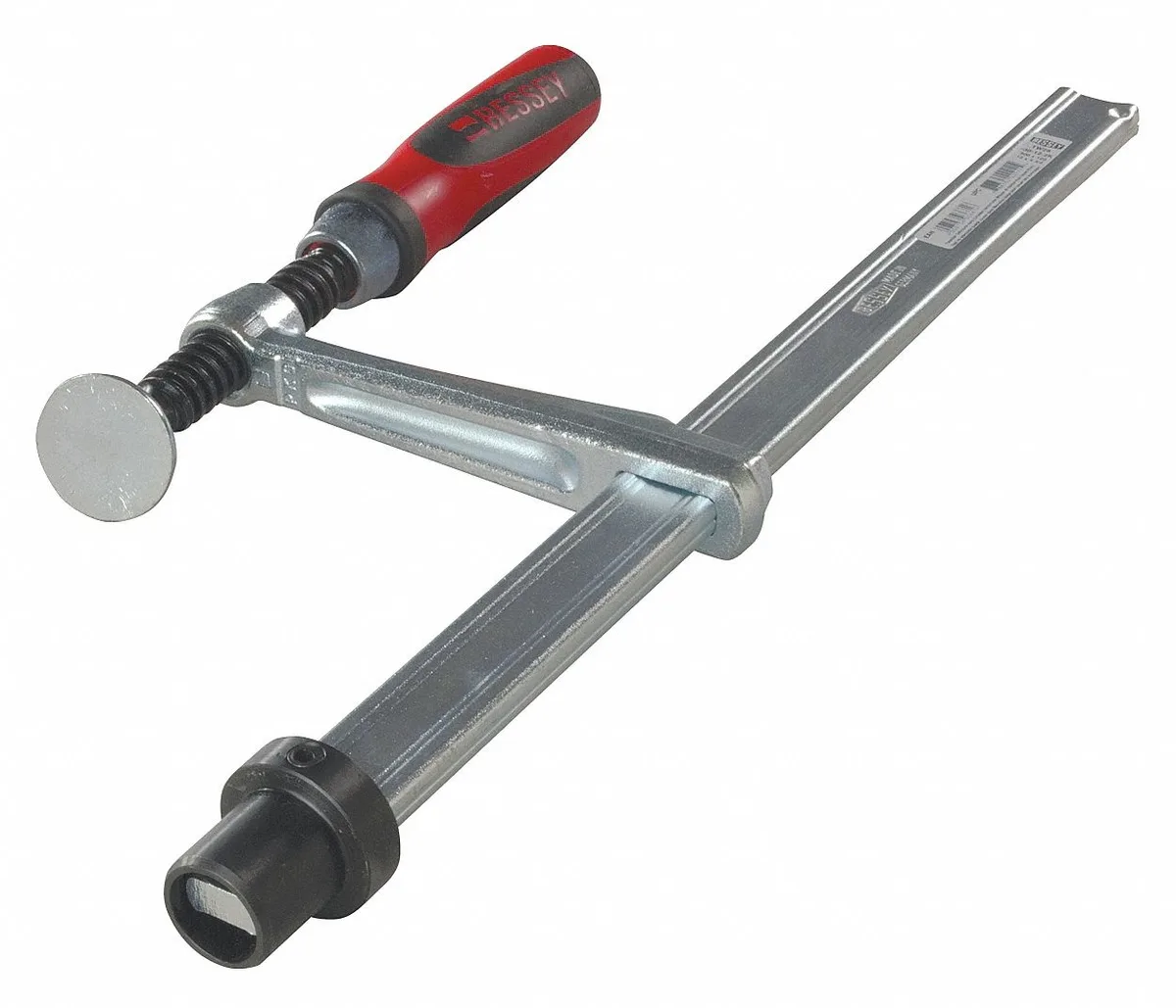 Bessey welding table clamp with straight handle, 4 inch throat depth, 8 inch jaw opening, 0.6 inch diameter, 650 lb capacity