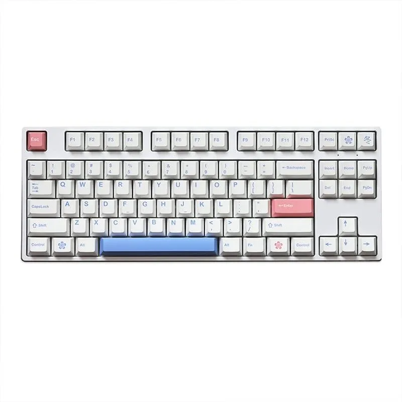White PBT Cherry-profile keycap set, 153 keys, dye-sub legends in pink and blue, MX stem, 1.45 mm thick