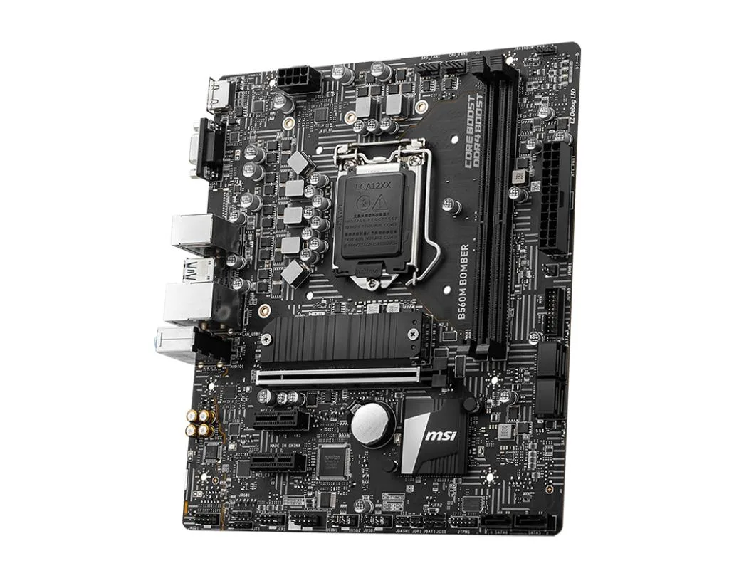 A rectangular micro-ATX board in dark grey and black with a metal shield covering the rear I/O and a large heatsink over the M.2 slot