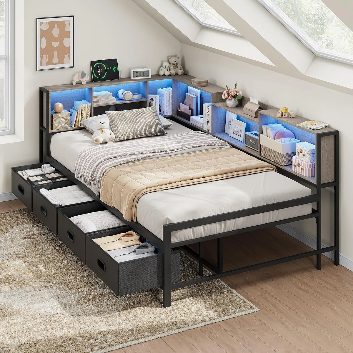 BFKK BFKK Twin Corner Bed Frame with LED Light Strip &amp; Charging Station, Grey — product photo